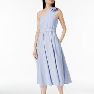Preppy Flowy Midi Dress Blue White Striped One Shoulder Bow 6 Calvin Klein NWT